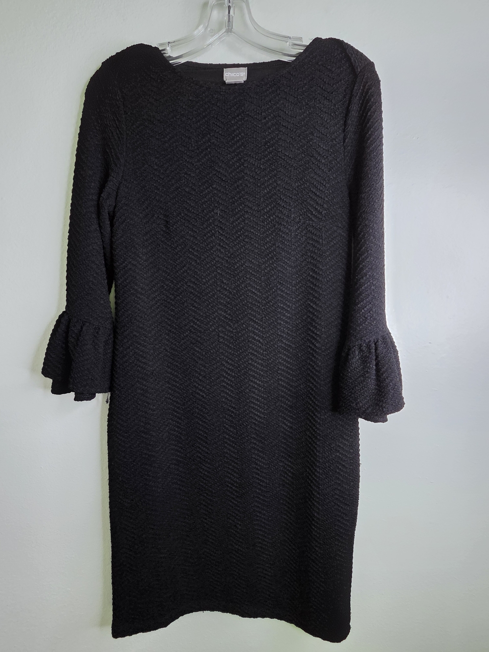 Chico's Black Textured Shift Dress Bell Sleeve LBD Career Cocktail Size 00 XS